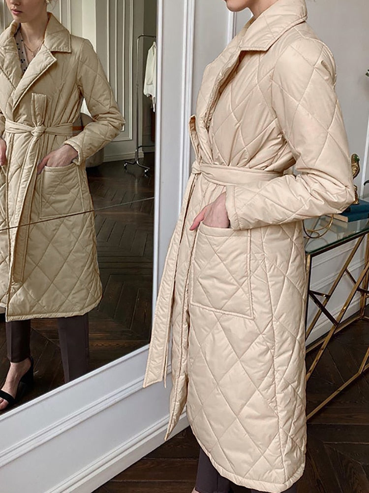 Womens Simplee Fashion winter coat with rhombus pattern Casual sashes women parkas Deep pockets tailored collar stylish outerwear