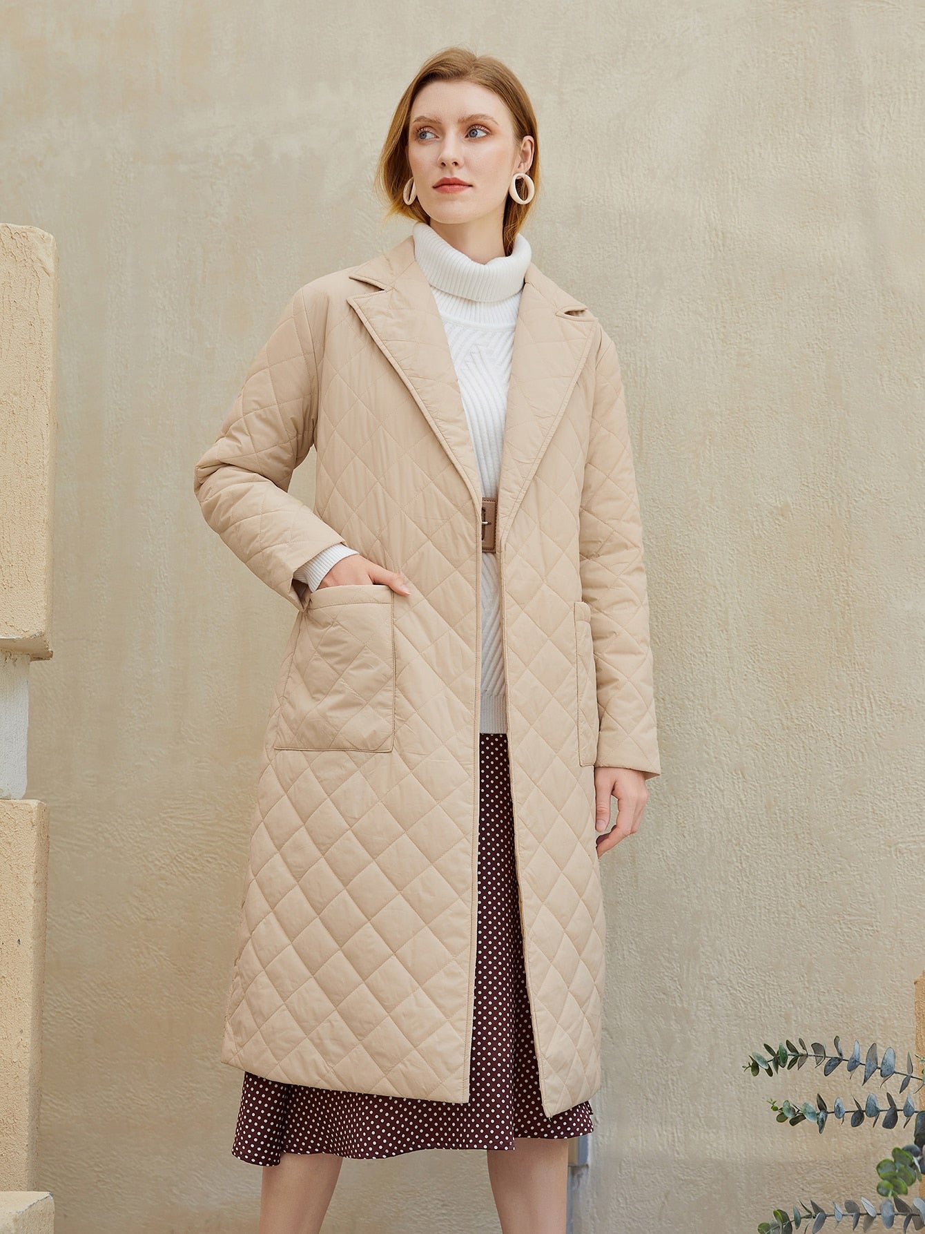 Womens Simplee Fashion winter coat with rhombus pattern Casual sashes women parkas Deep pockets tailored collar stylish outerwear