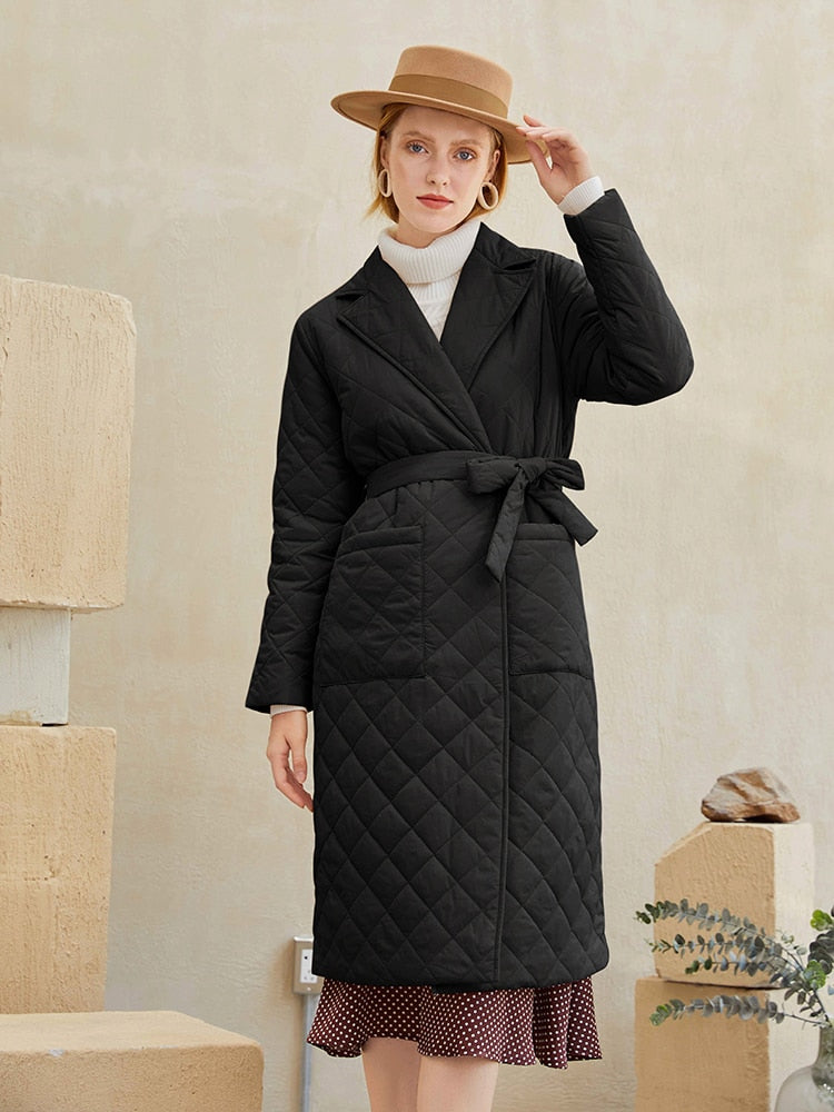 Womens Simplee Fashion winter coat with rhombus pattern Casual sashes women parkas Deep pockets tailored collar stylish outerwear