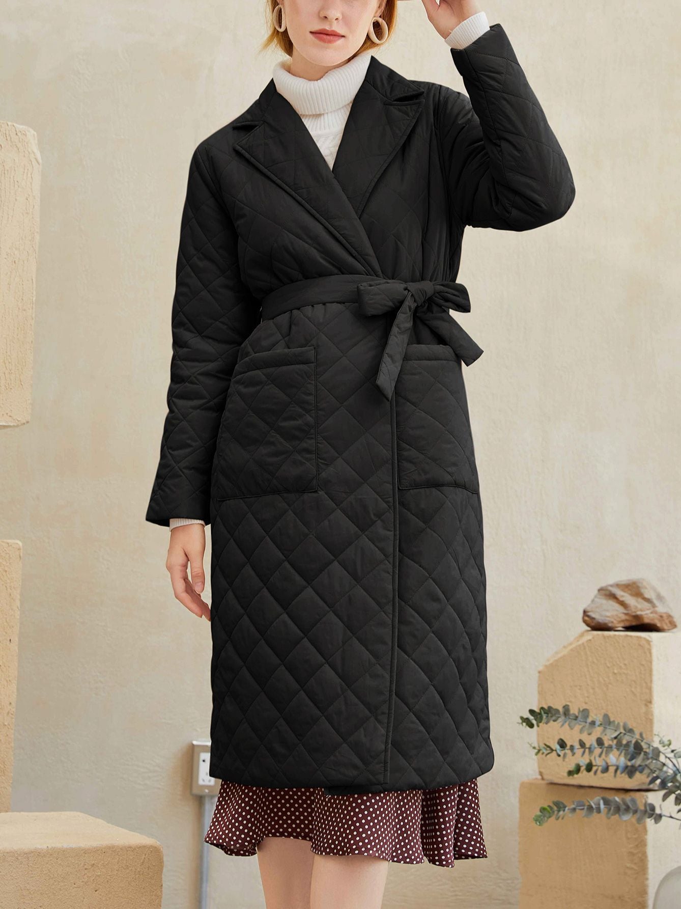 Womens Simplee Fashion winter coat with rhombus pattern Casual sashes women parkas Deep pockets tailored collar stylish outerwear