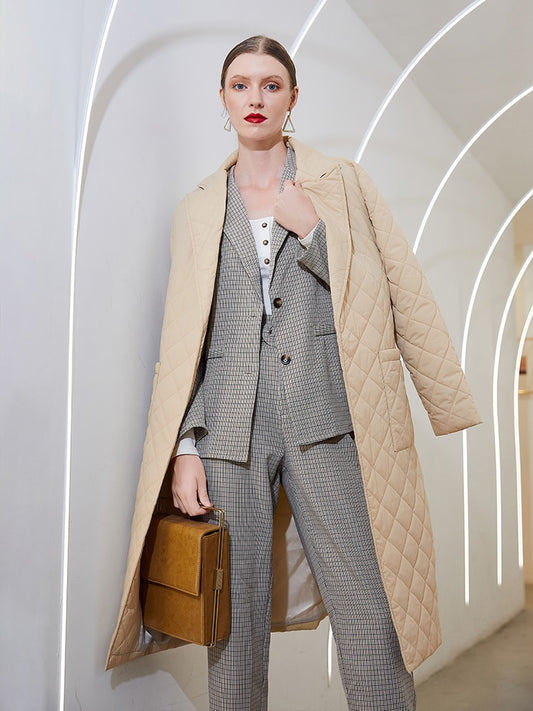 Womens Simplee Fashion winter coat with rhombus pattern Casual sashes women parkas Deep pockets tailored collar stylish outerwear